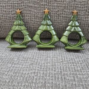 3 Vintage Ceramic Christmas Tree w/Golden Stars Napkin Holders/Rings
